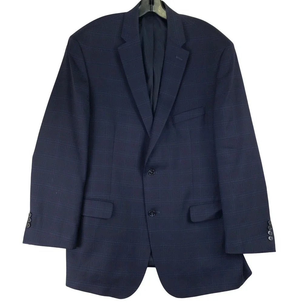 Jos A Bank Traveler Windowpane Plaid Wool Blazer Mens 46R Navy Blue Tailored Fit